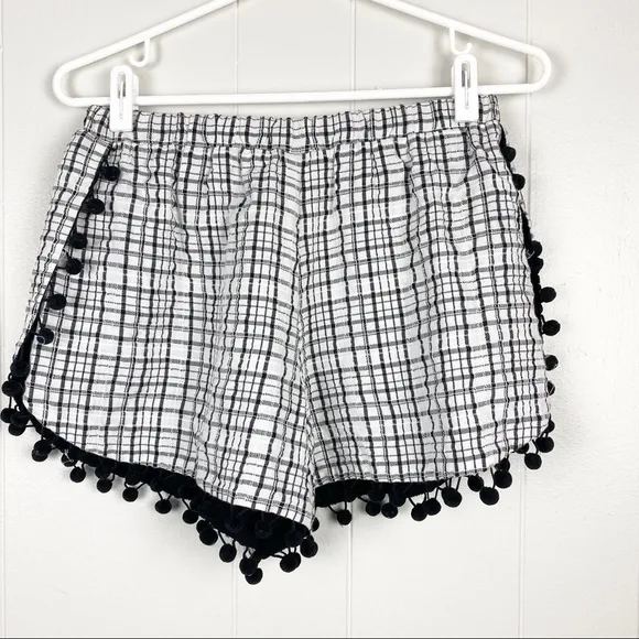 Black and White Plaid Pom Pom Open Side Shorts