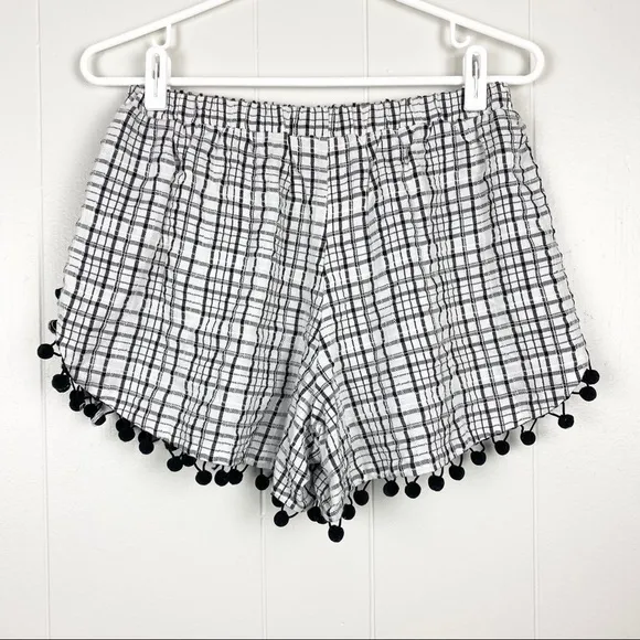 Black and White Plaid Pom Pom Open Side Shorts