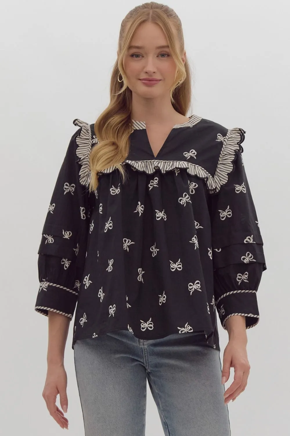 Black Bow Striped Blouse