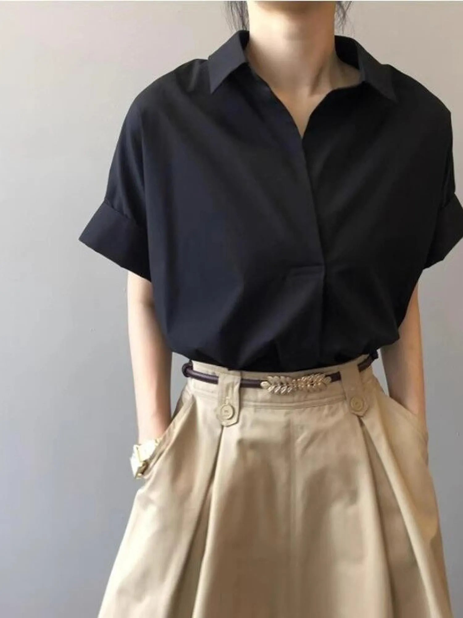 Black Boxy Shirt With Rolled Short Sleeves