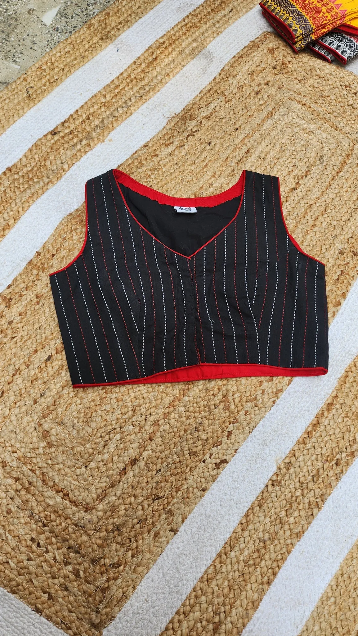 Black Kantha Cotton Sleeveless Blouse