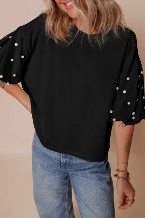 Black Pearled Puff Sleeve Round Neck Loose Top