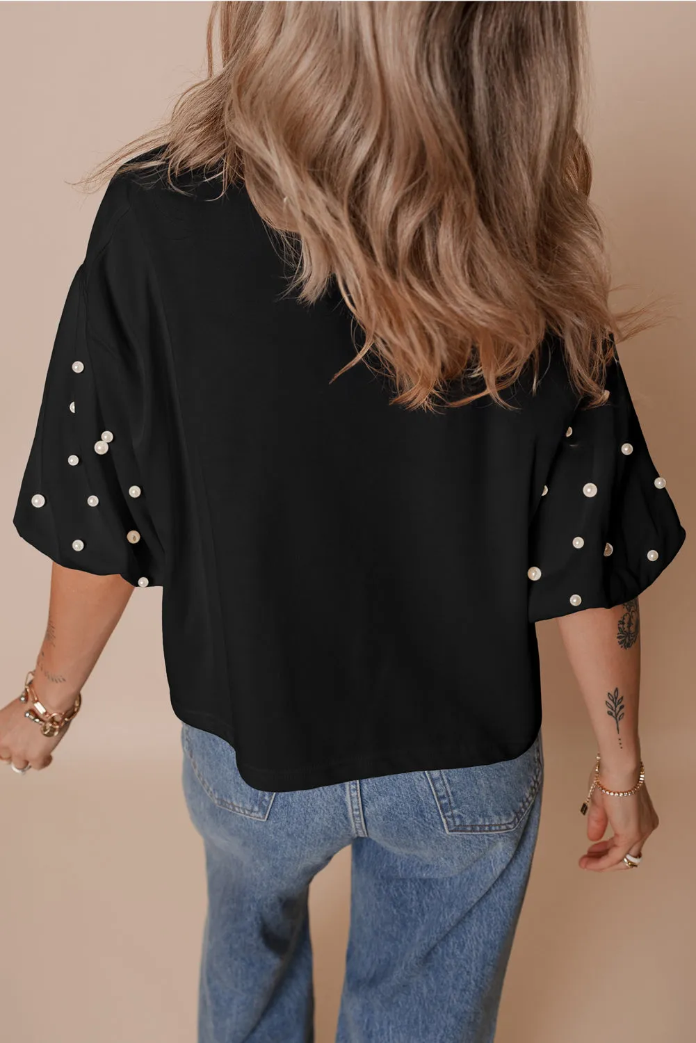 Black Pearled Puff Sleeve Round Neck Loose Top