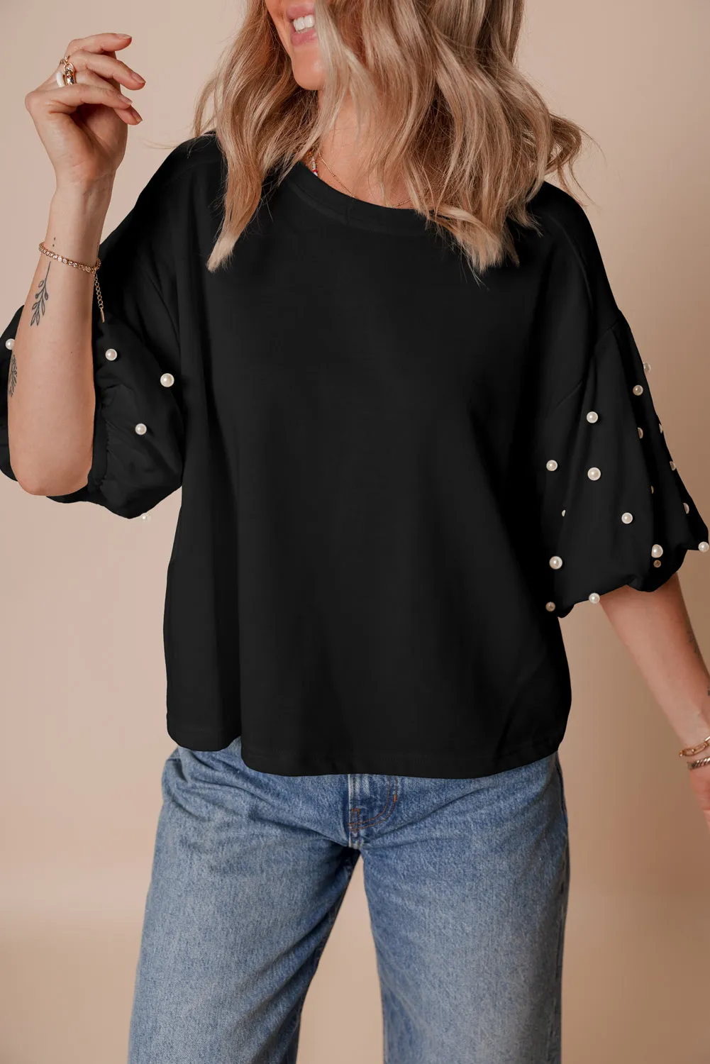 Black Pearled Puff Sleeve Round Neck Loose Top