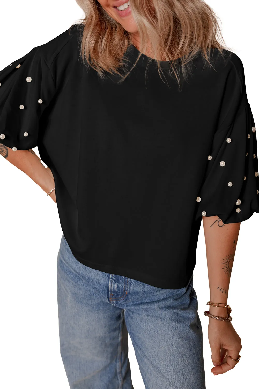 Black Pearled Puff Sleeve Round Neck Loose Top
