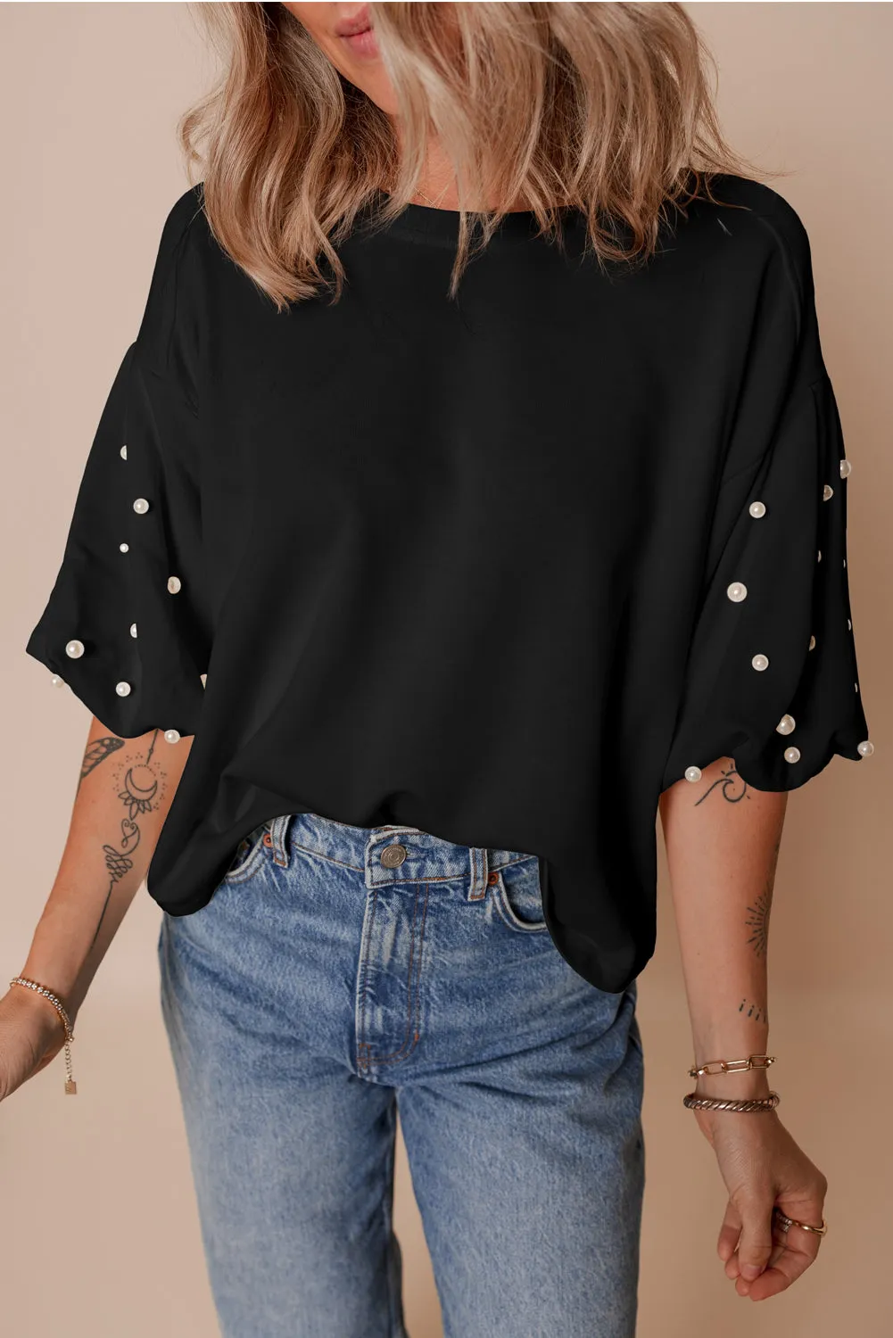 Black Pearled Puff Sleeve Round Neck Loose Top