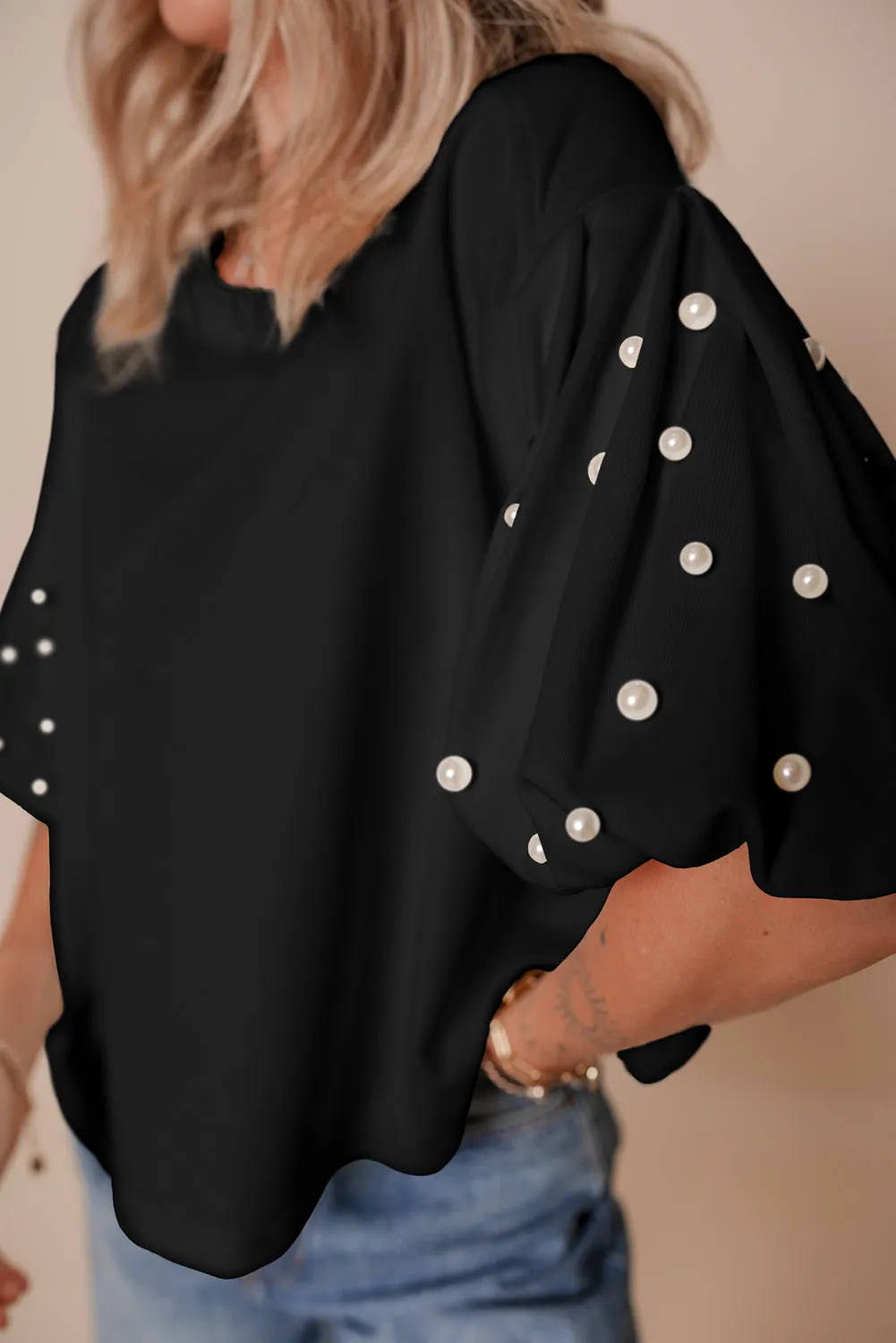 Black Pearled Puff Sleeve Round Neck Loose Top