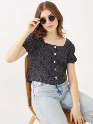 Black Printed Puff Sleeve Top