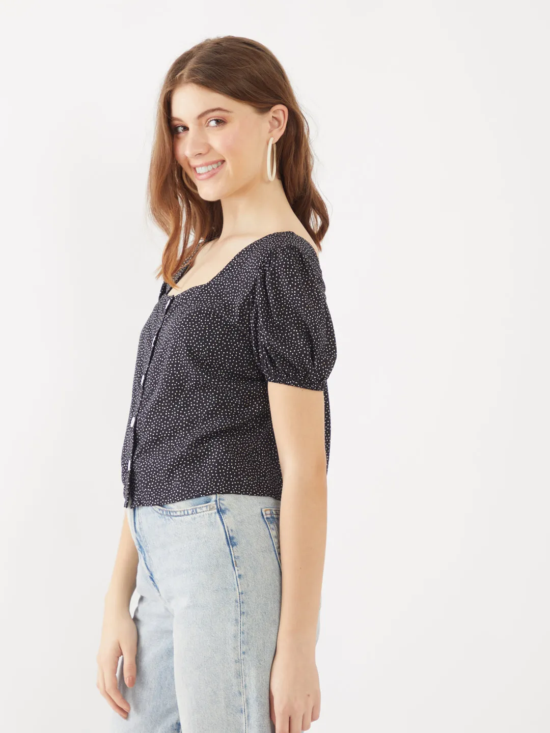 Black Printed Puff Sleeve Top