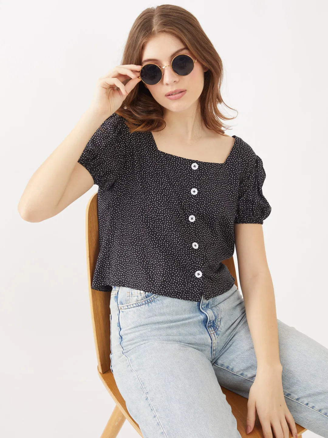 Black Printed Puff Sleeve Top