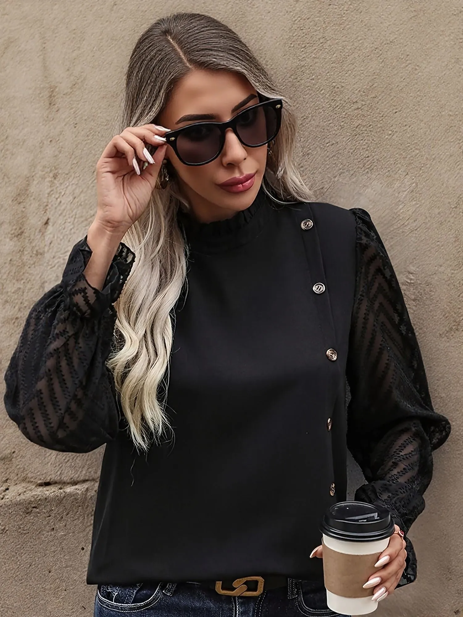 Black Side Placket Sheer Fabric Sleeve Top