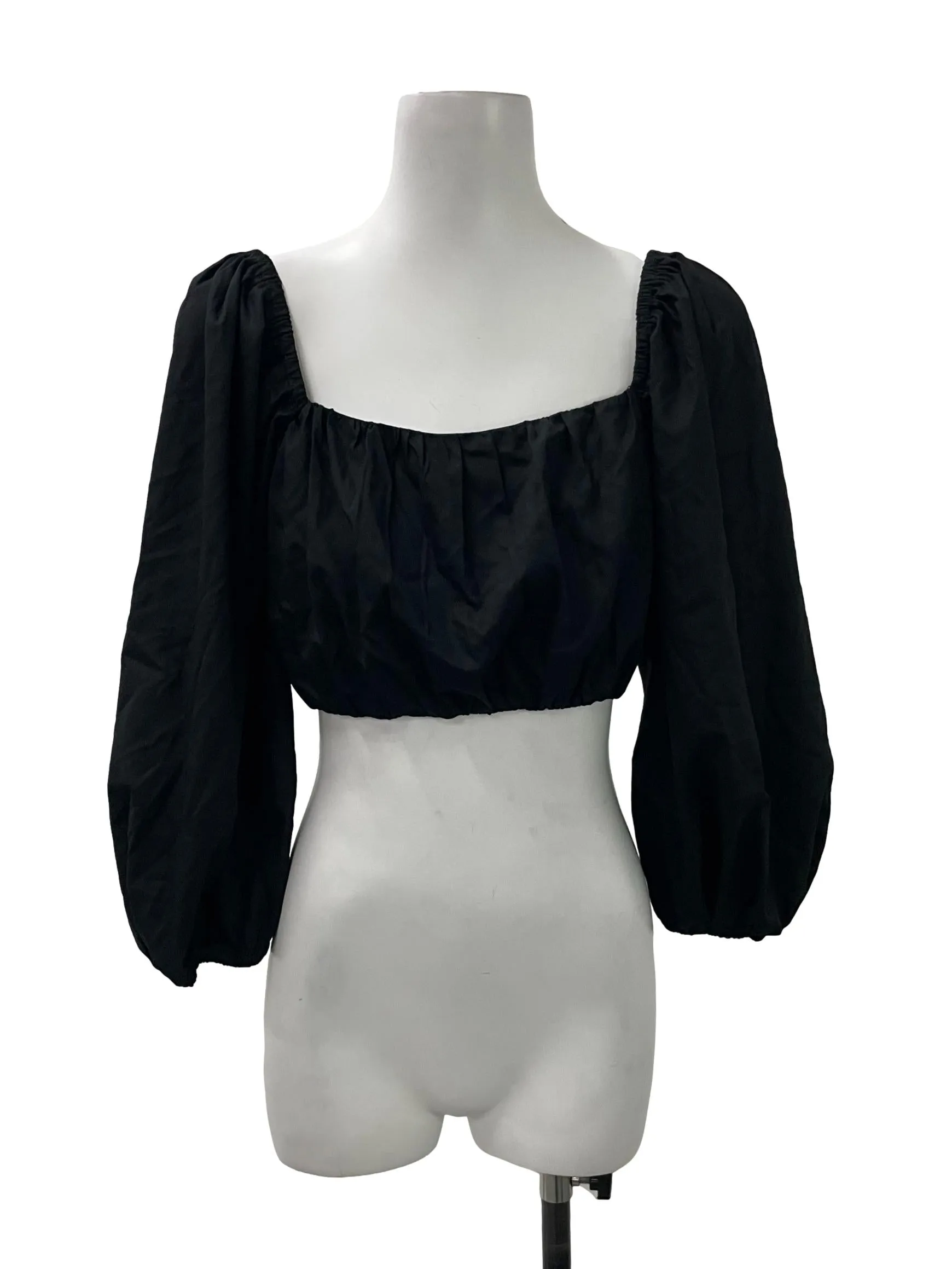 Black Square Neck Puff Sleeve Crop Top