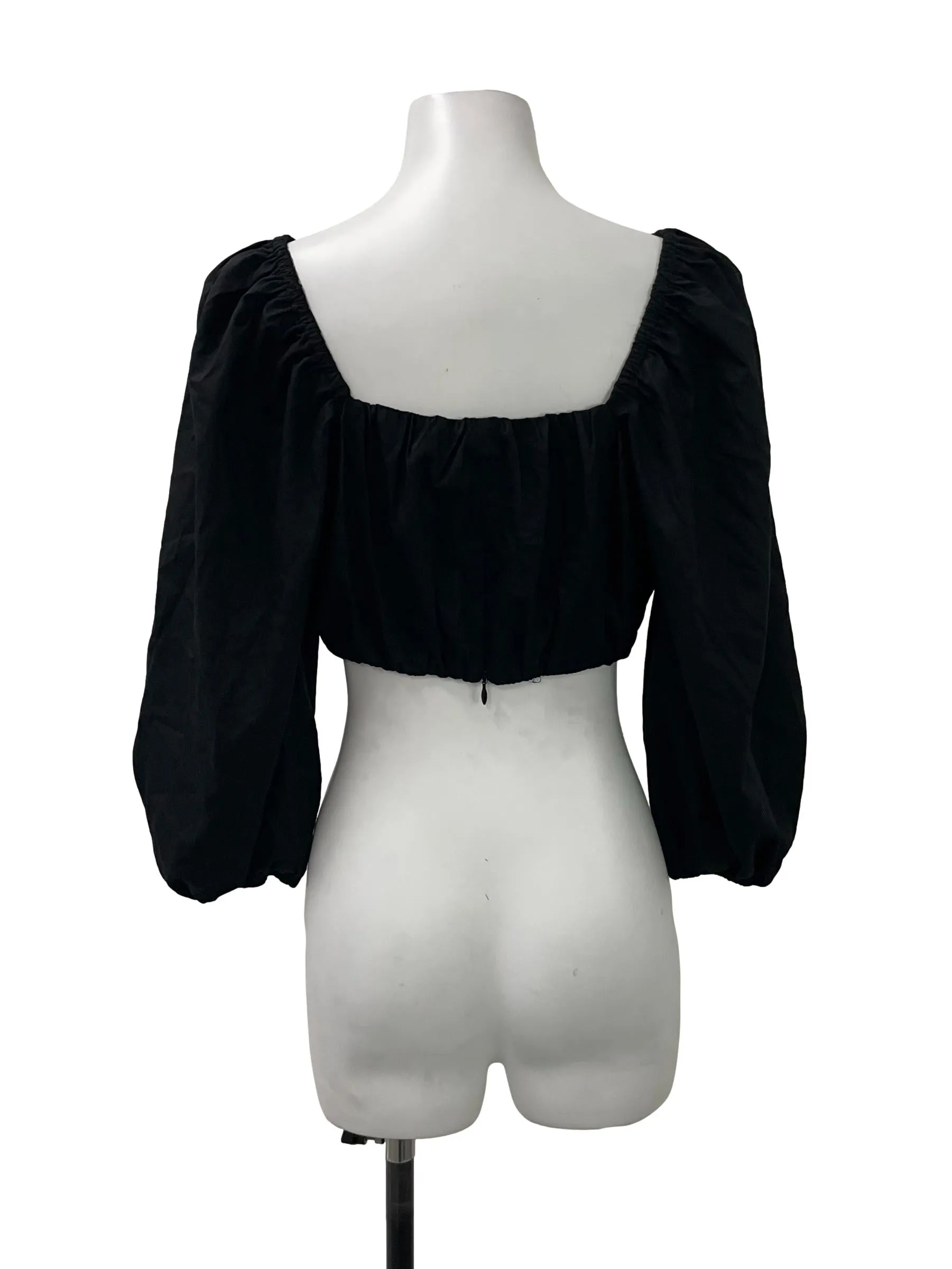 Black Square Neck Puff Sleeve Crop Top