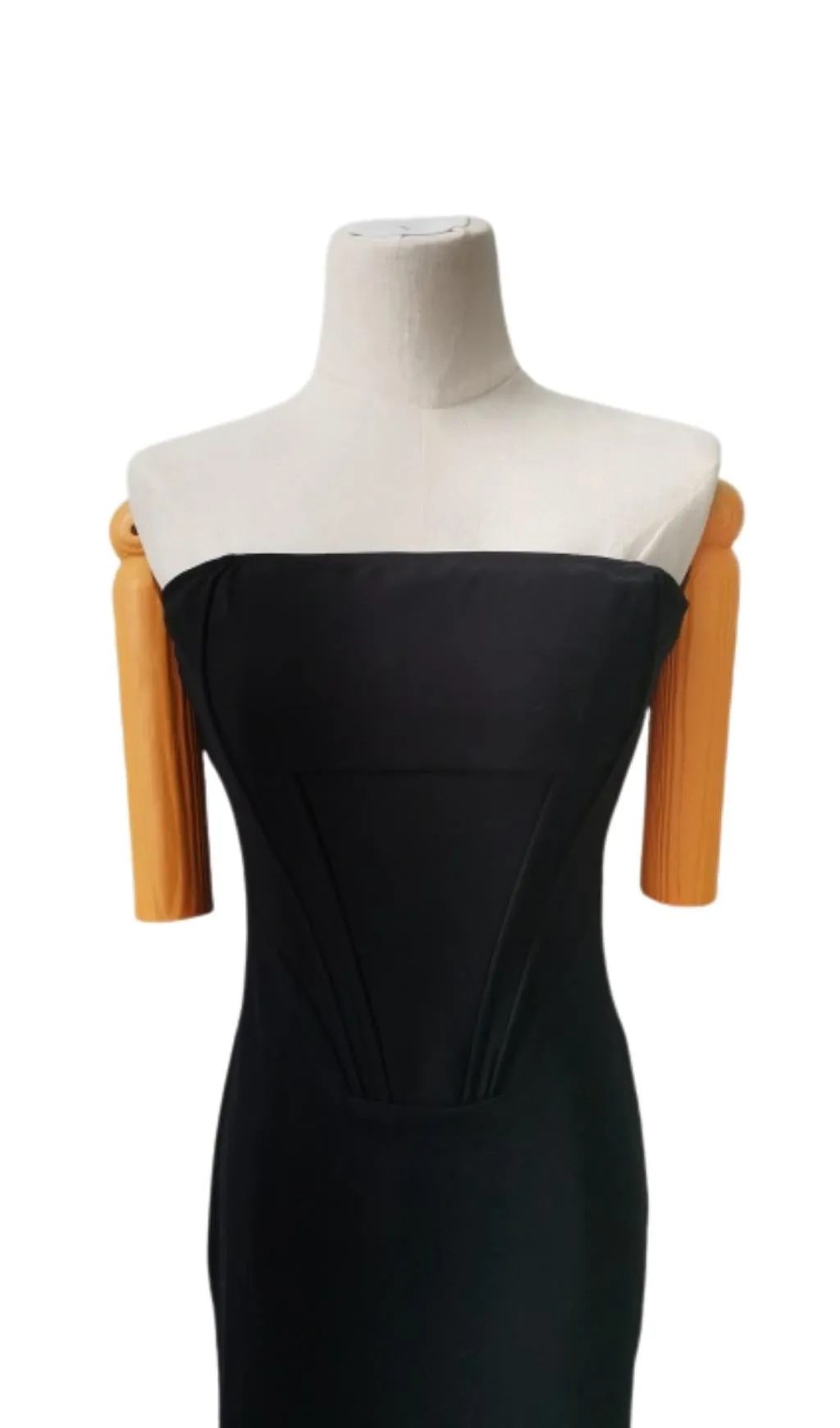 BLACK STRAPLESS FEATHER CORSET DRESS