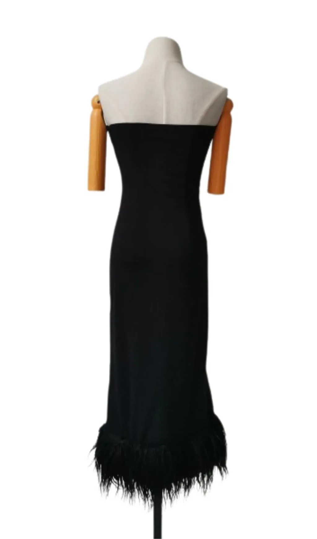 BLACK STRAPLESS FEATHER CORSET DRESS