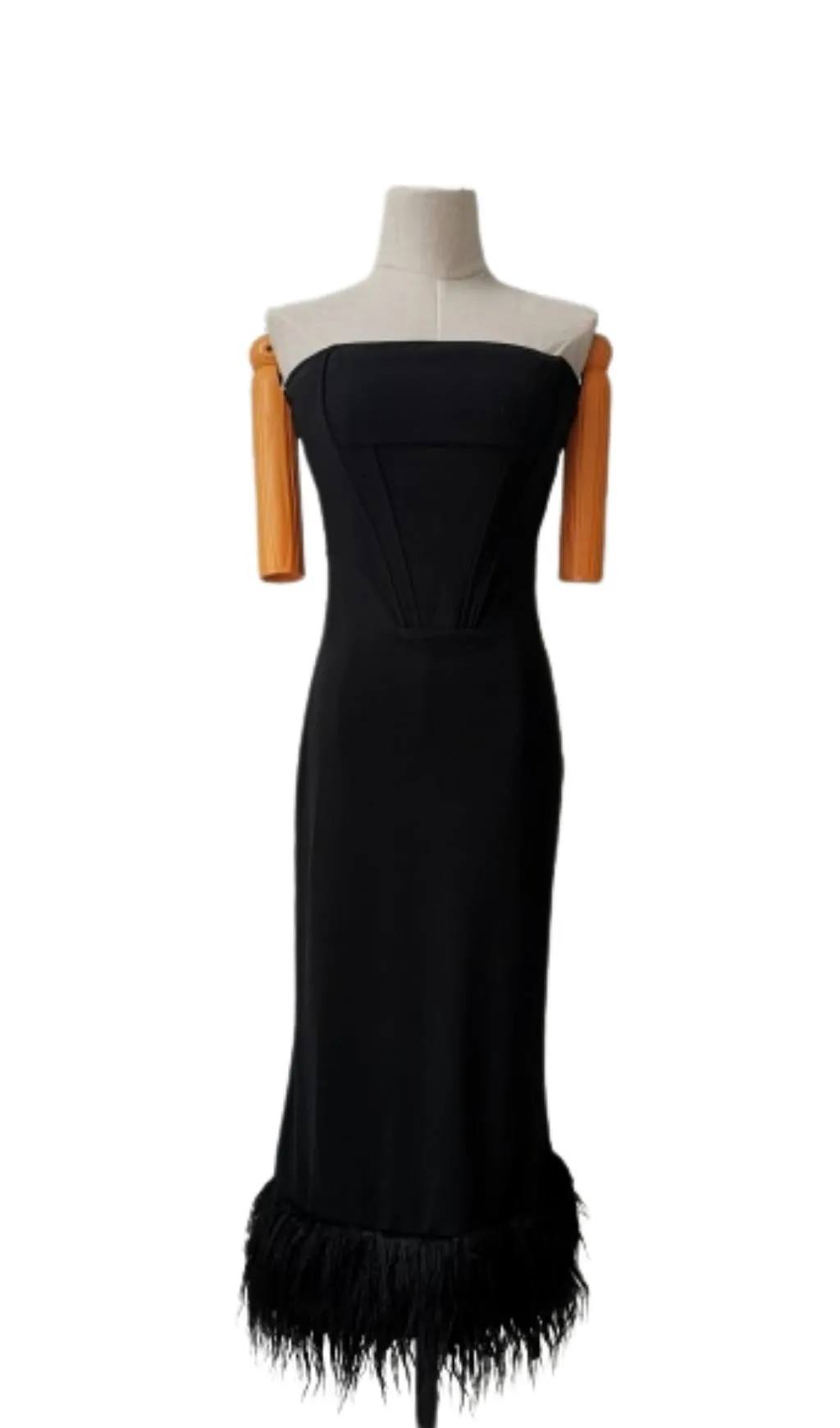 BLACK STRAPLESS FEATHER CORSET DRESS