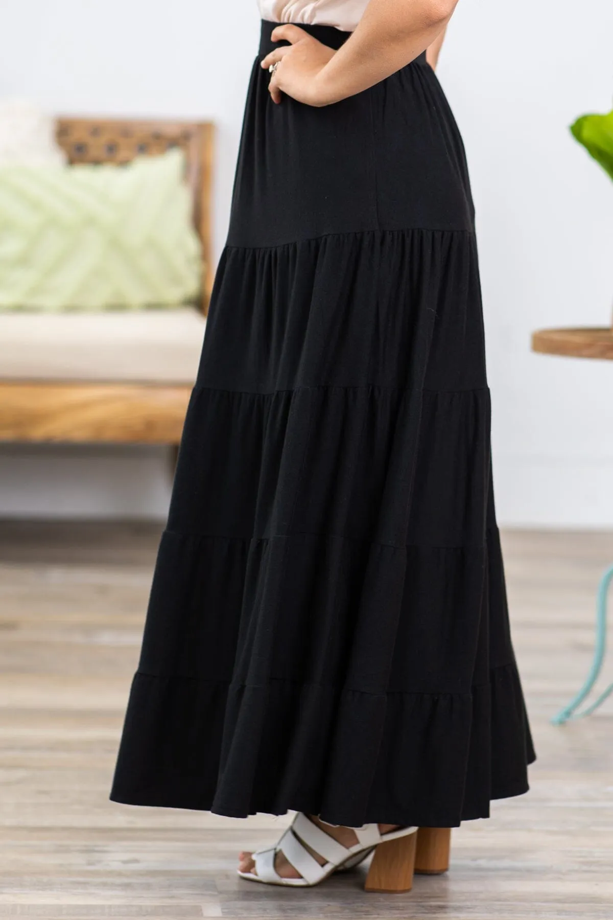Black Tiered Pull On Maxi Skirt