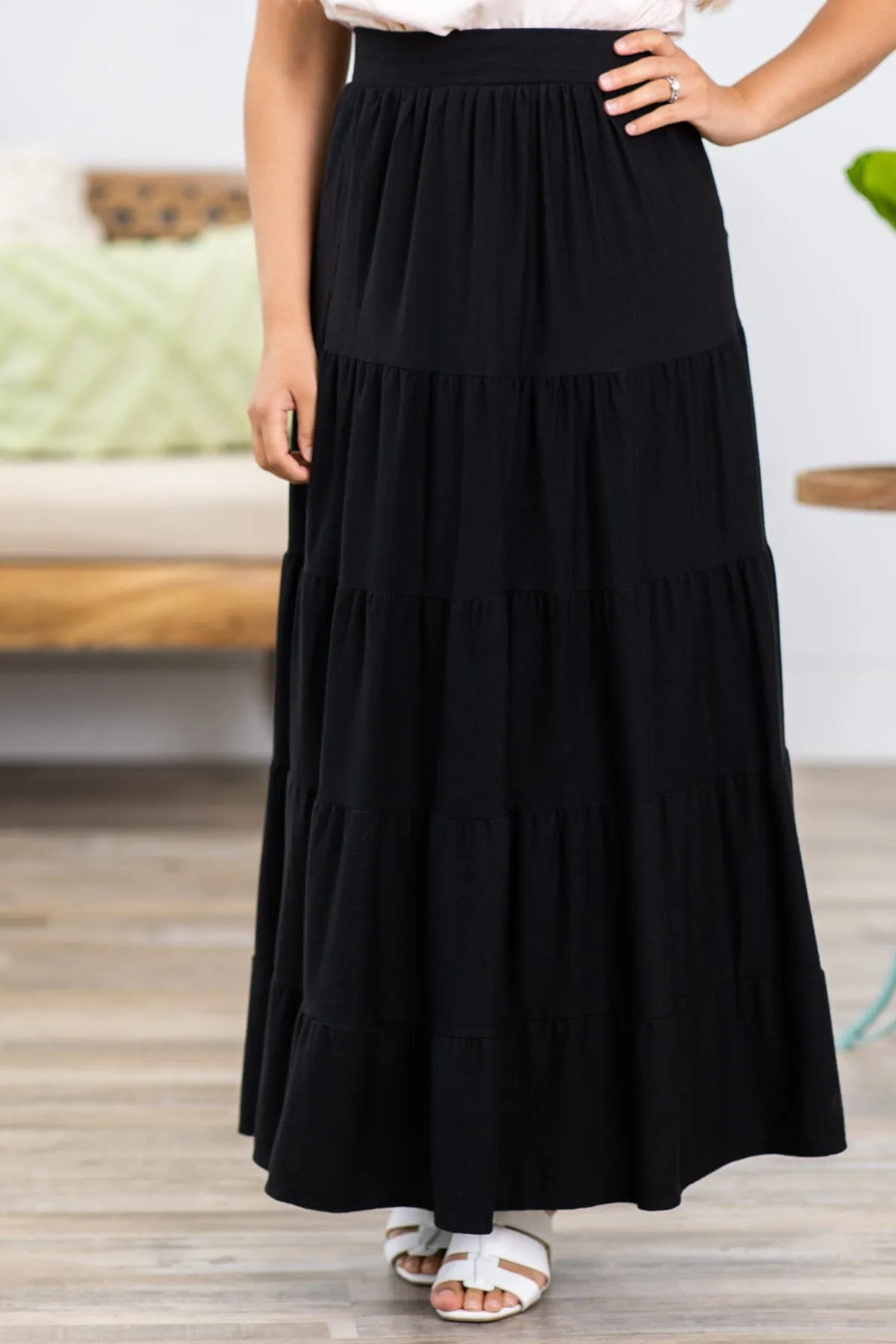 Black Tiered Pull On Maxi Skirt