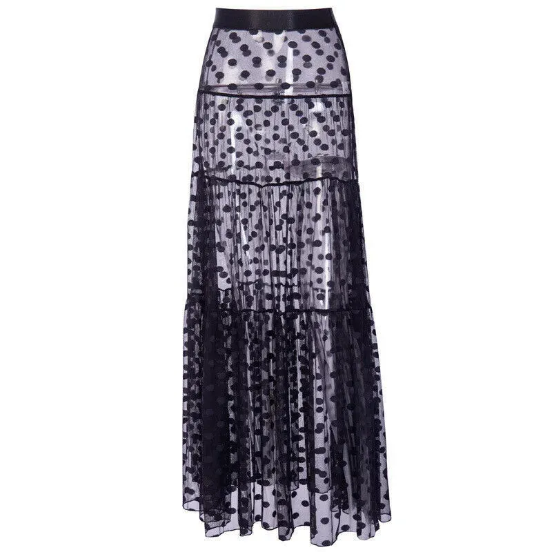 Bohemian Sheer Polka Dot Maxi Skirt - Flowing Tiered Design, Cotton/Polyester Material, Summer Fashion