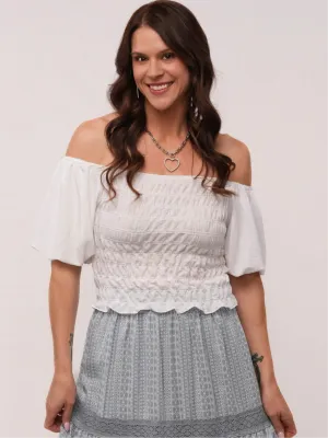 Boho Smocked Puff Sleeve White Top