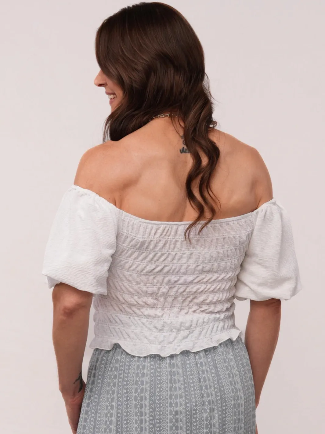 Boho Smocked Puff Sleeve White Top