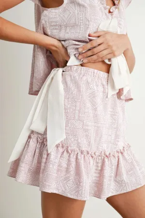 Boho Tiered Ruffle Skirt with Side Ties-Mauve Multi