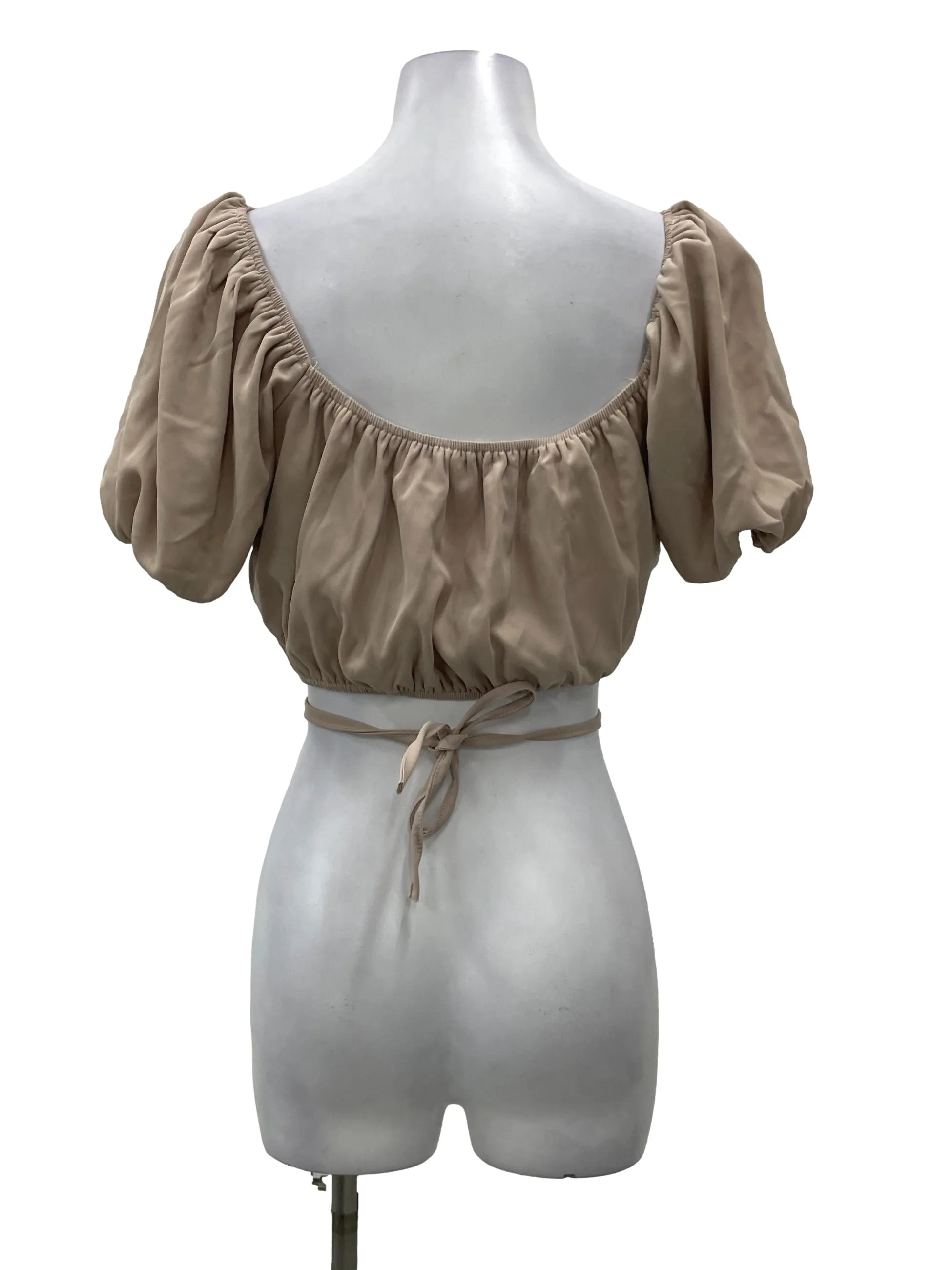 Brown Puffy Sleeve Tie Crop Top