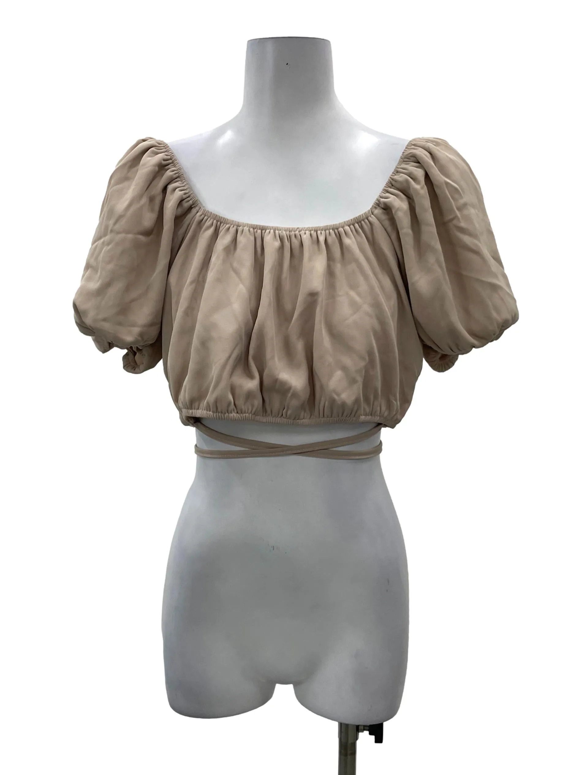 Brown Puffy Sleeve Tie Crop Top