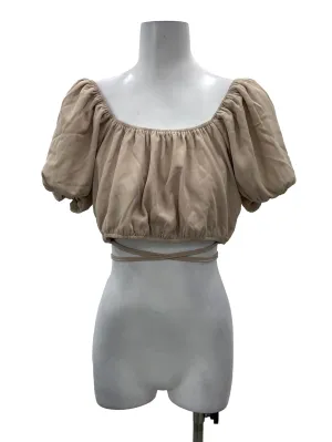Brown Puffy Sleeve Tie Crop Top