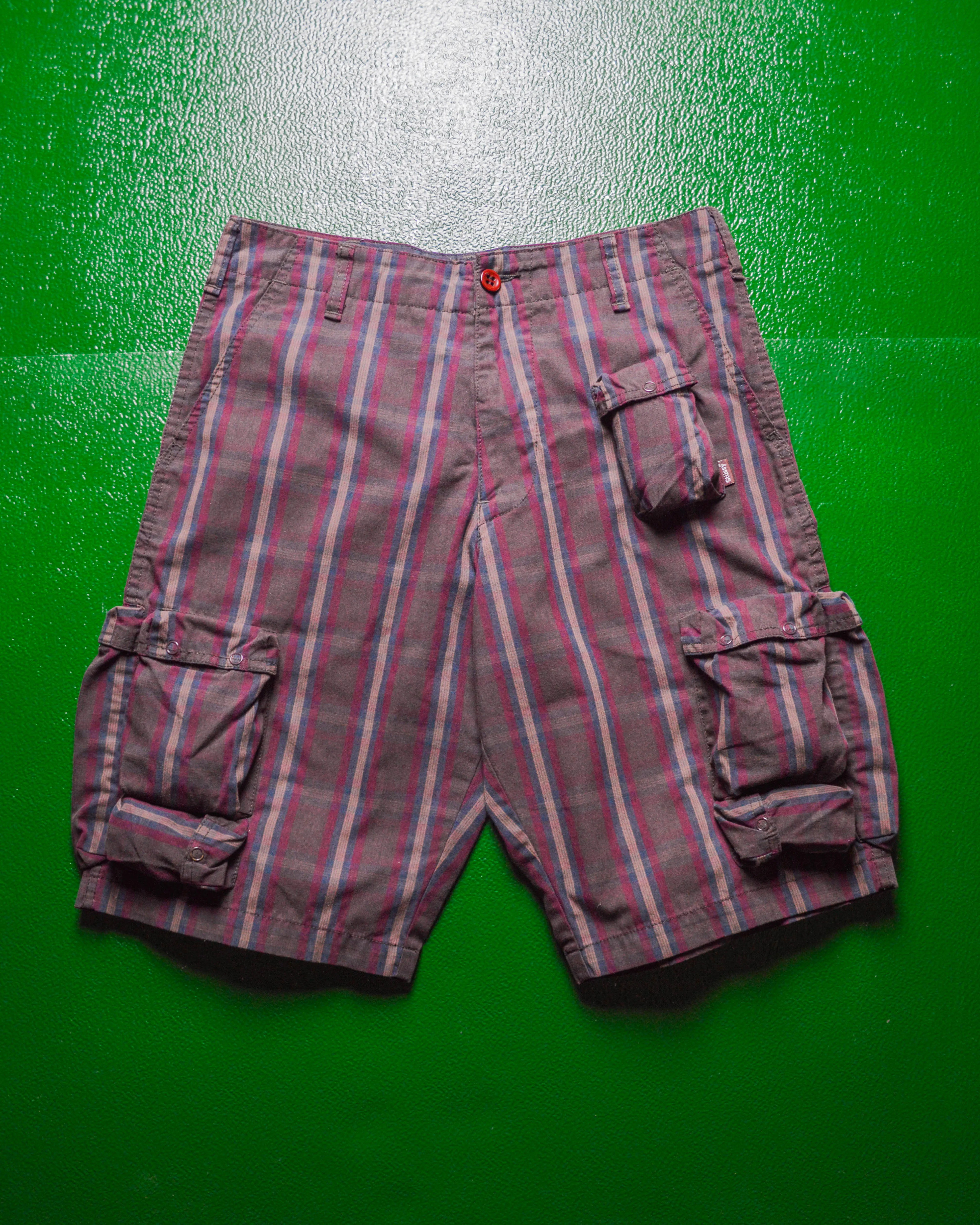 Burgundy Plaid Multi Pocket Cargo Shorts (28~30)