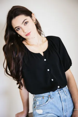 Button Front Puff Sleeve Shirt for Women in Black | H2348T-BLK