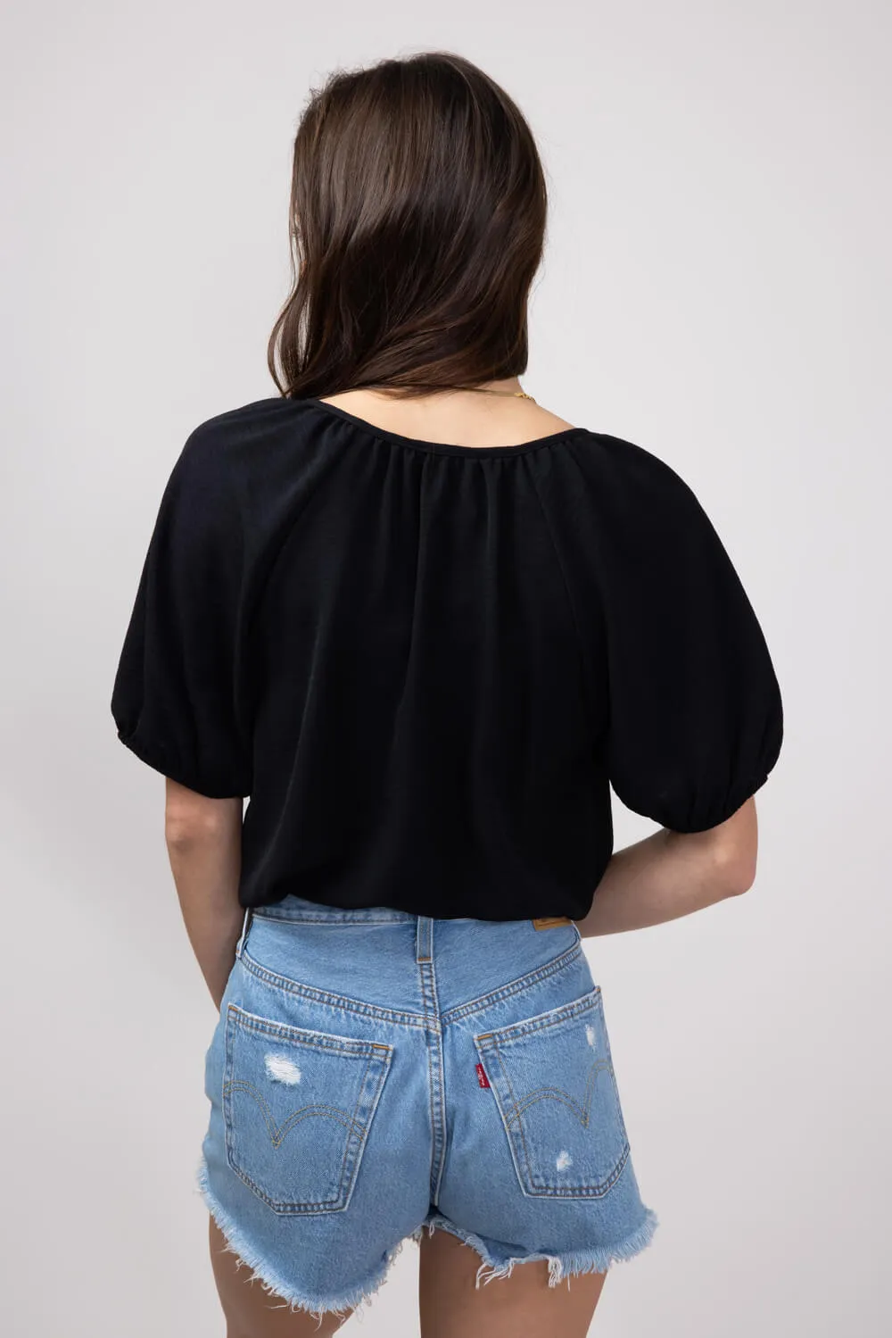 Button Front Puff Sleeve Shirt for Women in Black | H2348T-BLK