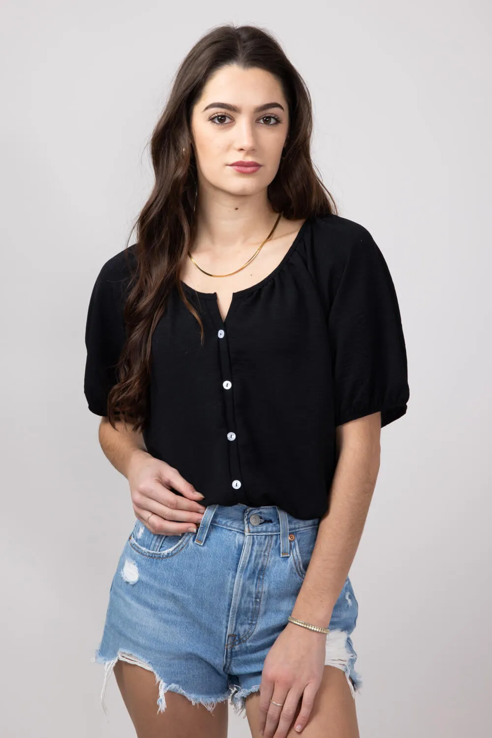 Button Front Puff Sleeve Shirt for Women in Black | H2348T-BLK
