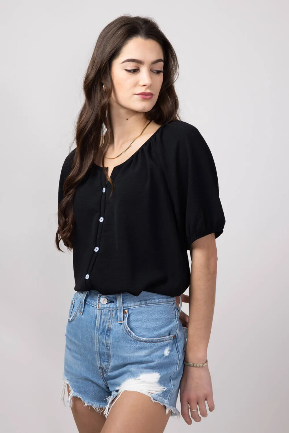 Button Front Puff Sleeve Shirt for Women in Black | H2348T-BLK