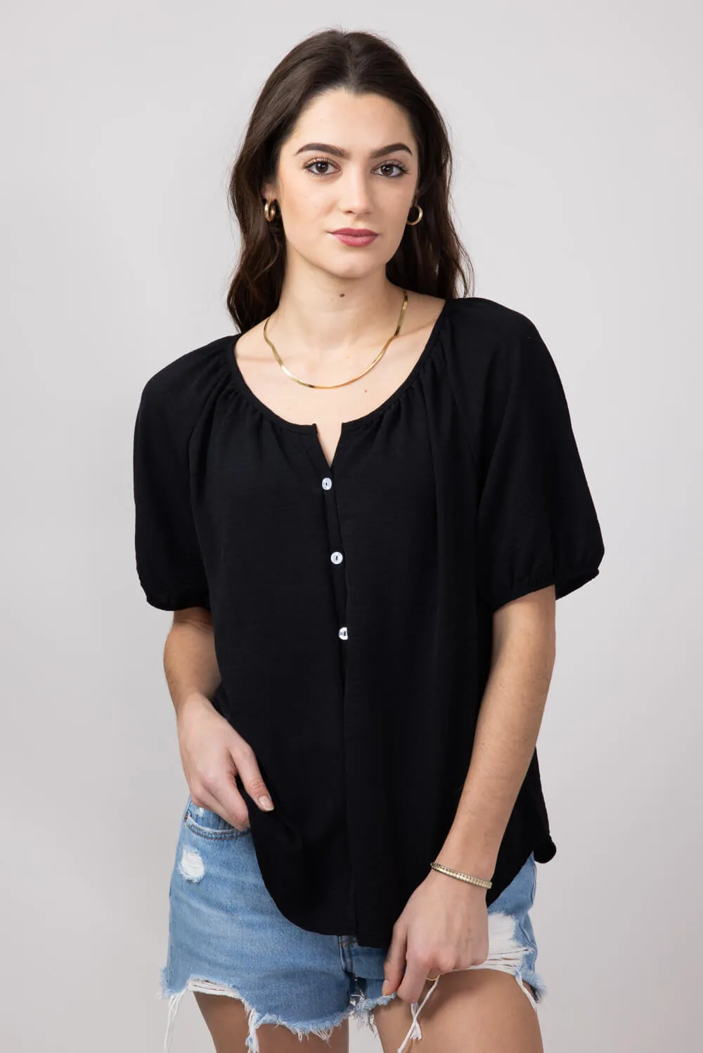 Button Front Puff Sleeve Shirt for Women in Black | H2348T-BLK