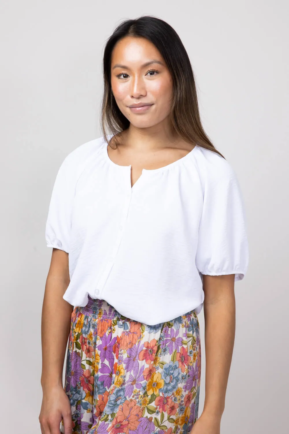 Button Front Puff Sleeve Shirt for Women in Ivory | H2348T-IRY