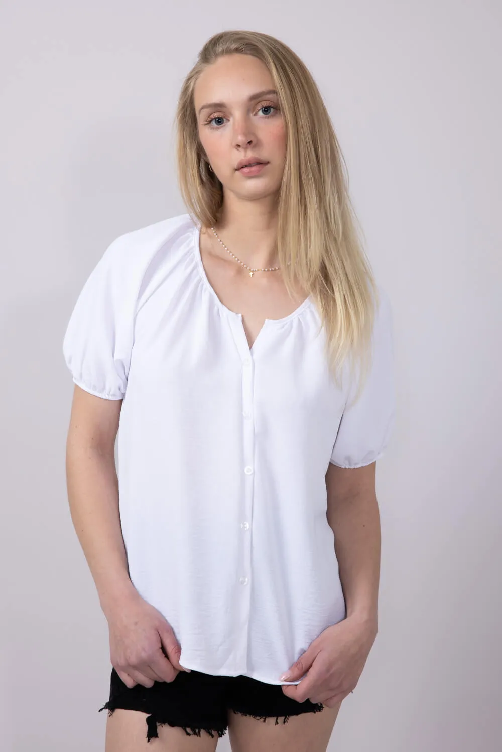 Button Front Puff Sleeve Shirt for Women in Ivory | H2348T-IRY