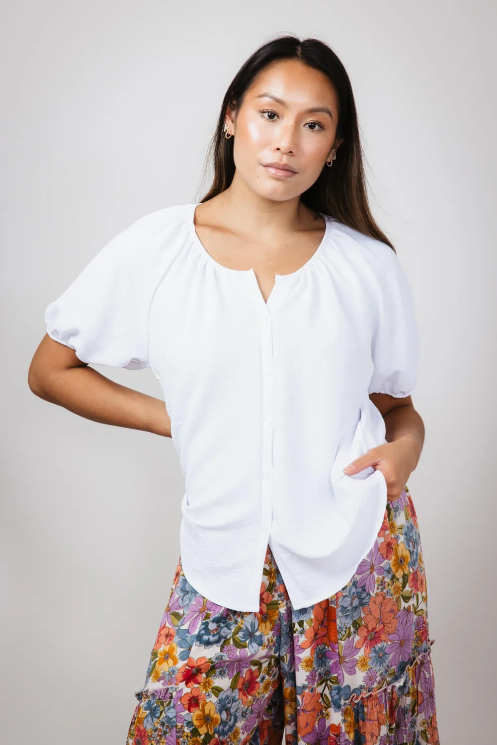 Button Front Puff Sleeve Shirt for Women in Ivory | H2348T-IRY