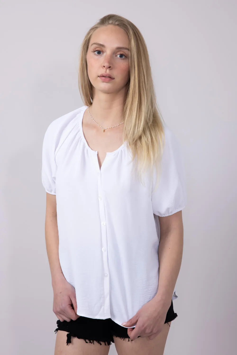Button Front Puff Sleeve Shirt for Women in Ivory | H2348T-IRY