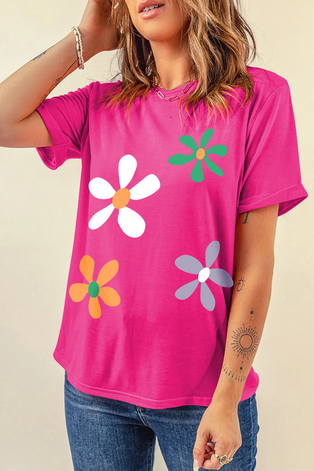 Cami Flower Round Neck Short Sleeve T-Shirt