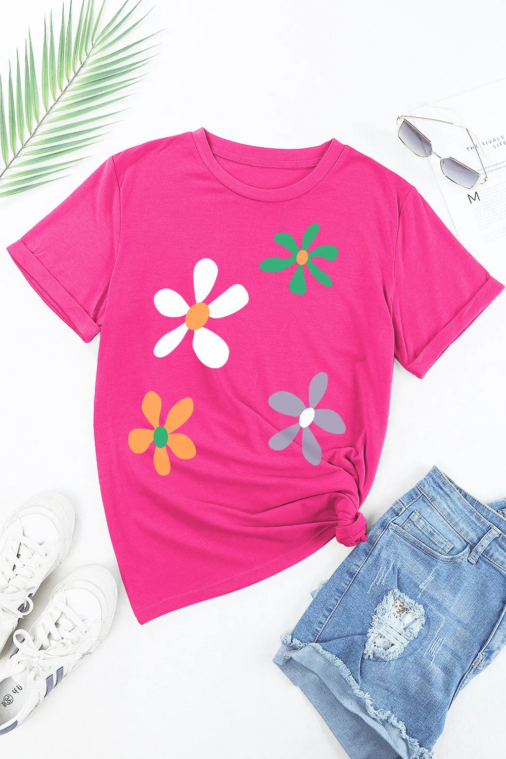Cami Flower Round Neck Short Sleeve T-Shirt