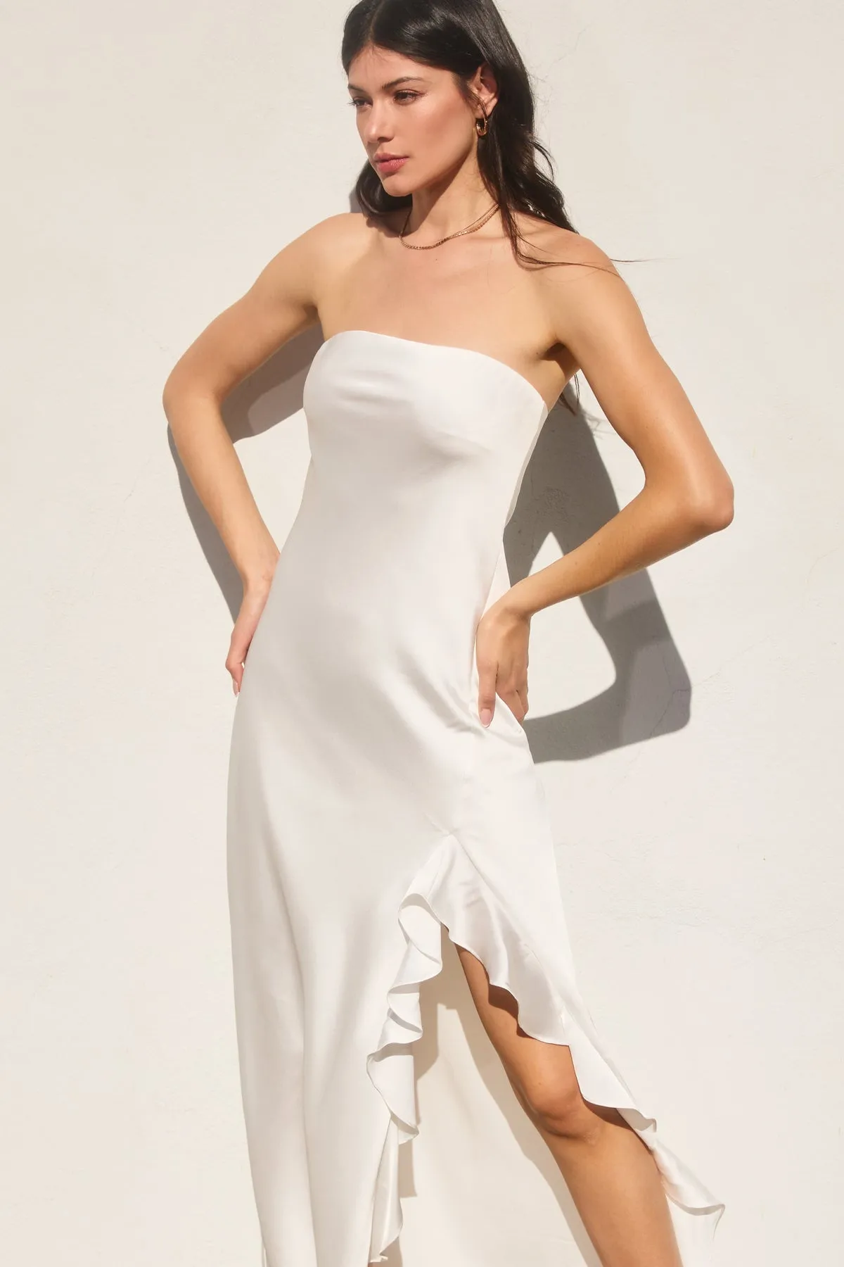 Candice Strapless Ruffled Slit Maxi Dress