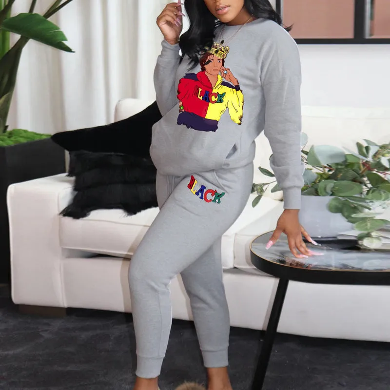 Cartoon Print Pocket Long Sleeve Top & Drawstring Pants Set