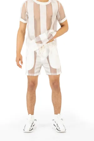 Castaway Striped Organza Drawstring Shorts (OFF-WHITE)
