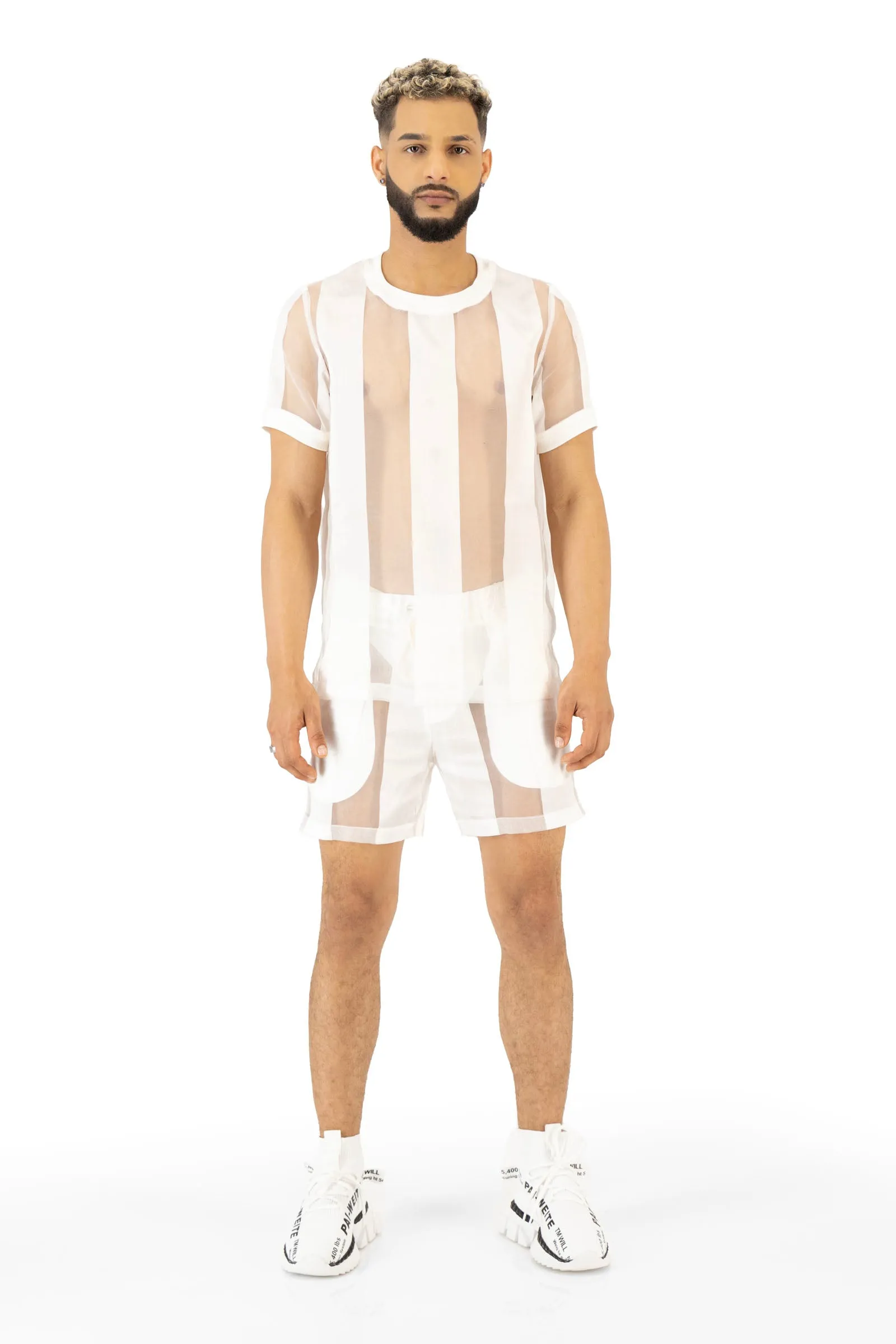 Castaway Striped Organza Drawstring Shorts (OFF-WHITE)