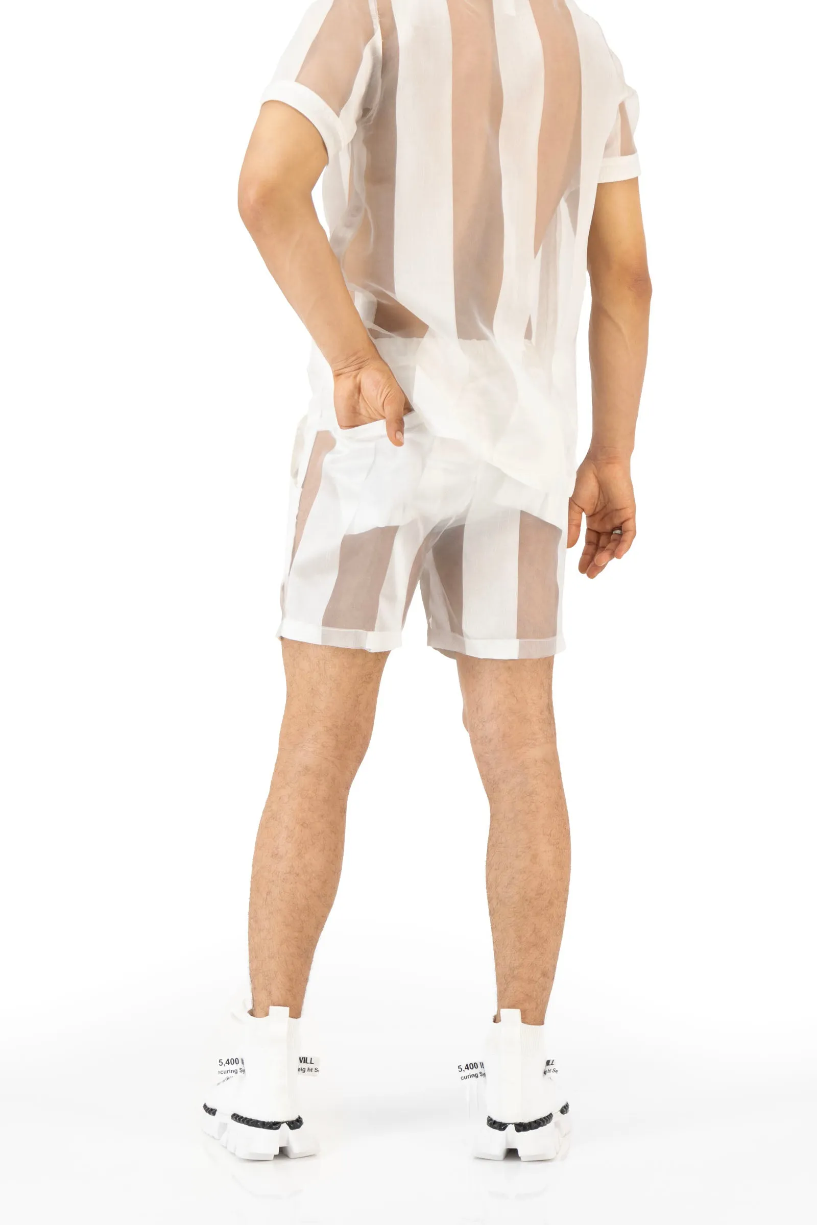 Castaway Striped Organza Drawstring Shorts (OFF-WHITE)