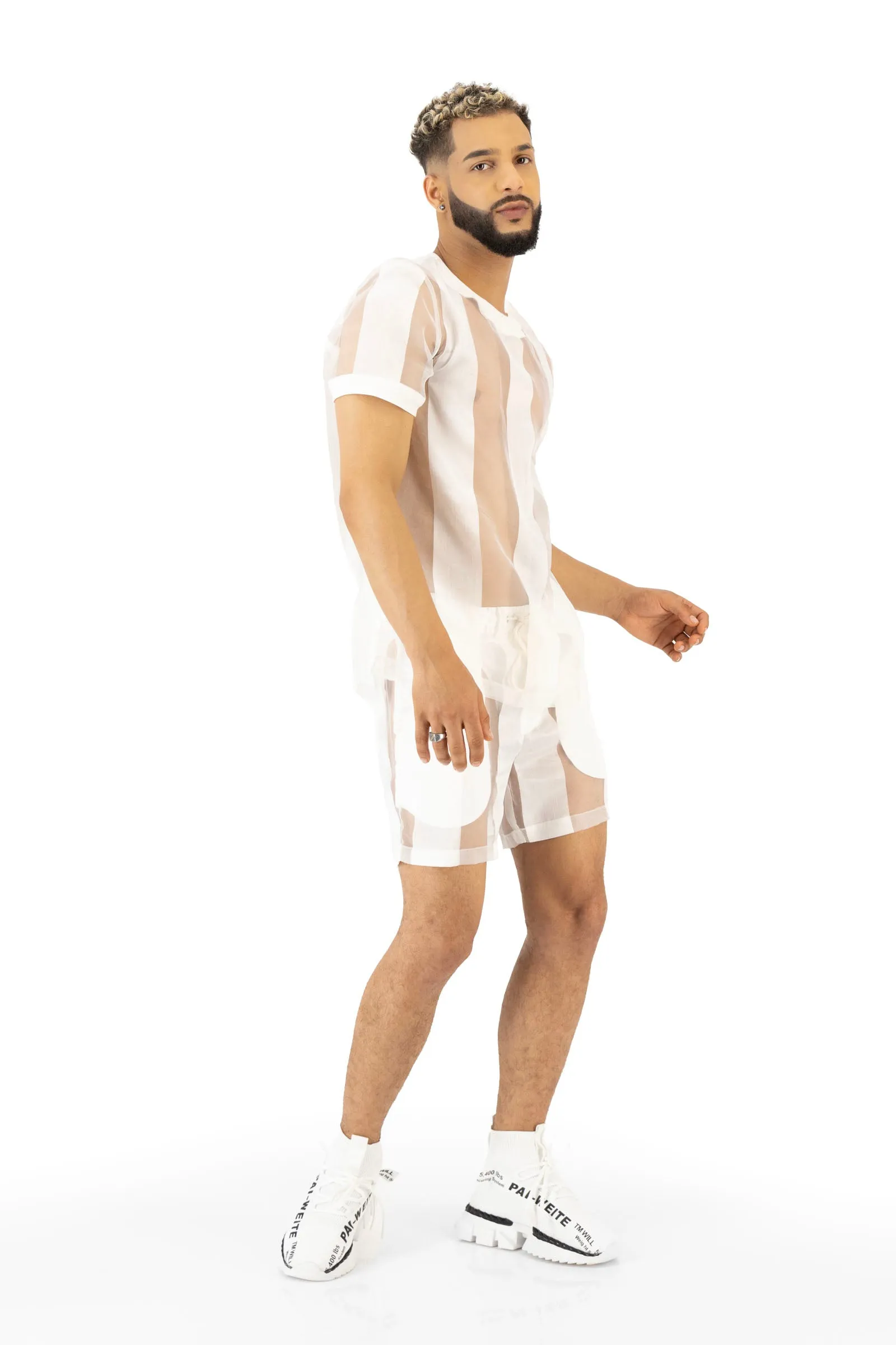 Castaway Striped Organza Drawstring Shorts (OFF-WHITE)