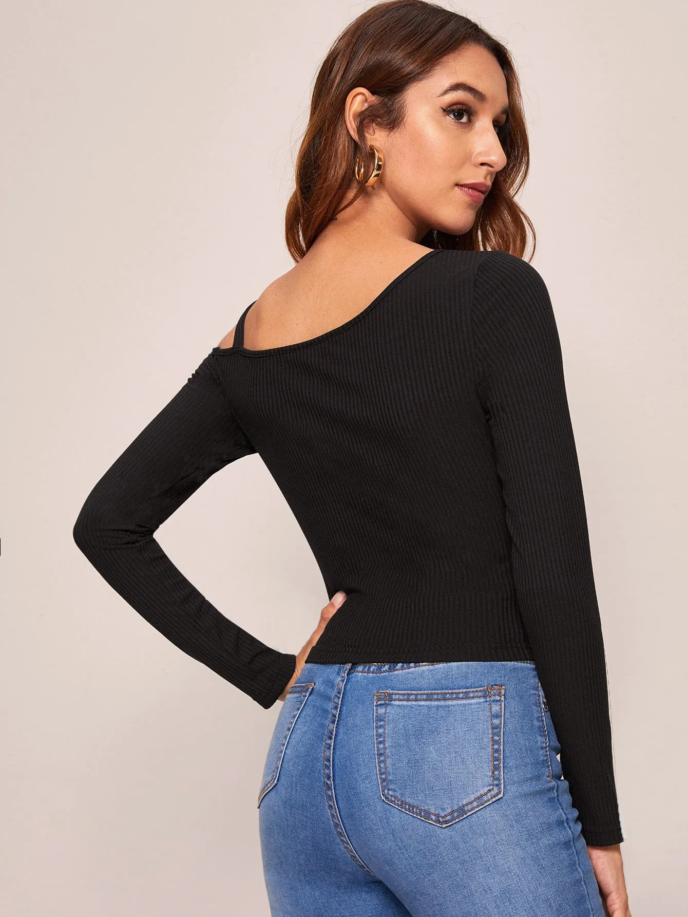 Chain Strap Asymmetrical Neck Rib-knit Tee( Clearance Sale)