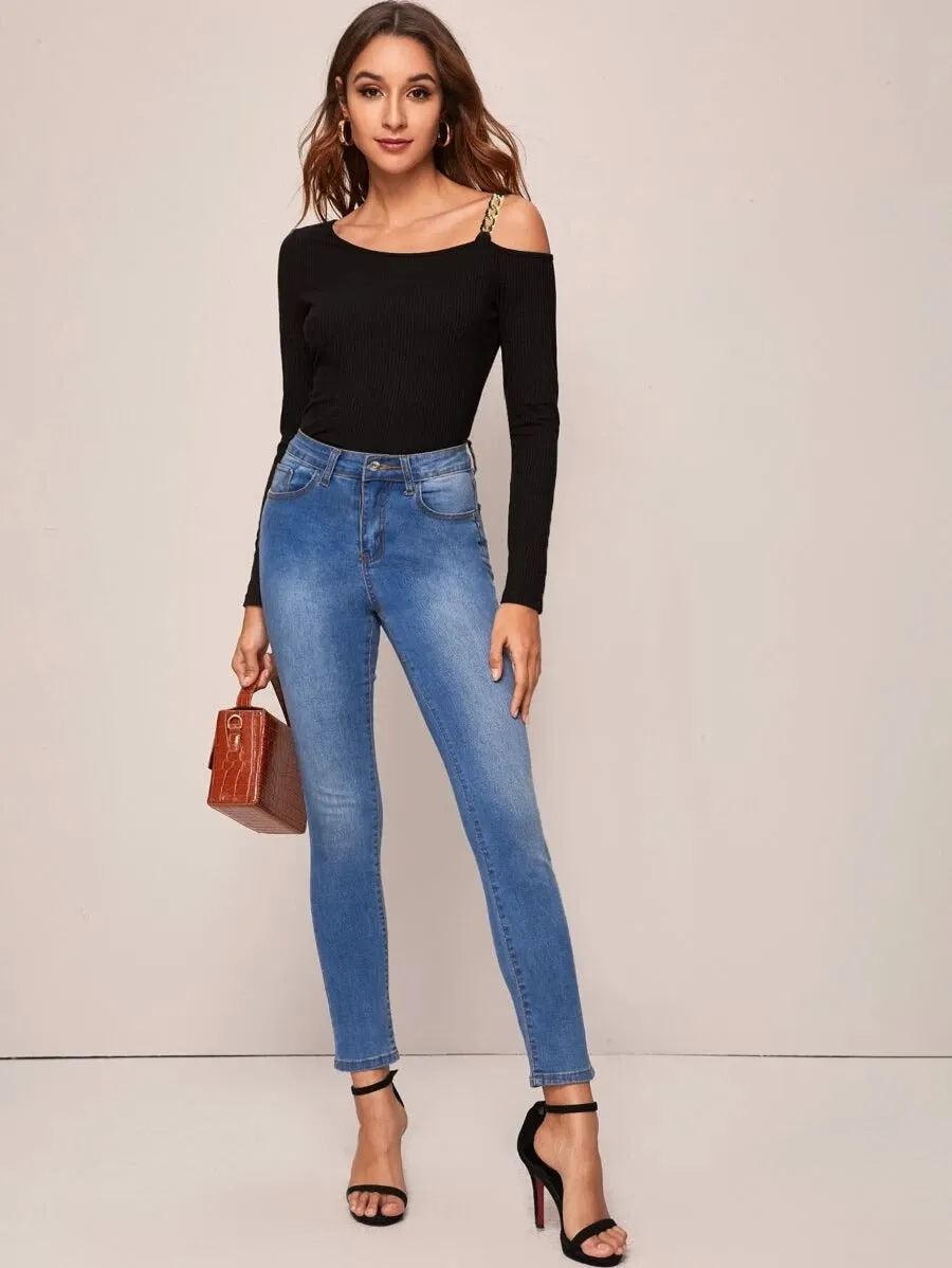 Chain Strap Asymmetrical Neck Rib-knit Tee( Clearance Sale)