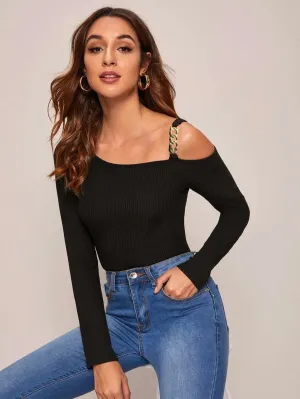 Chain Strap Asymmetrical Neck Rib-knit Tee( Clearance Sale)